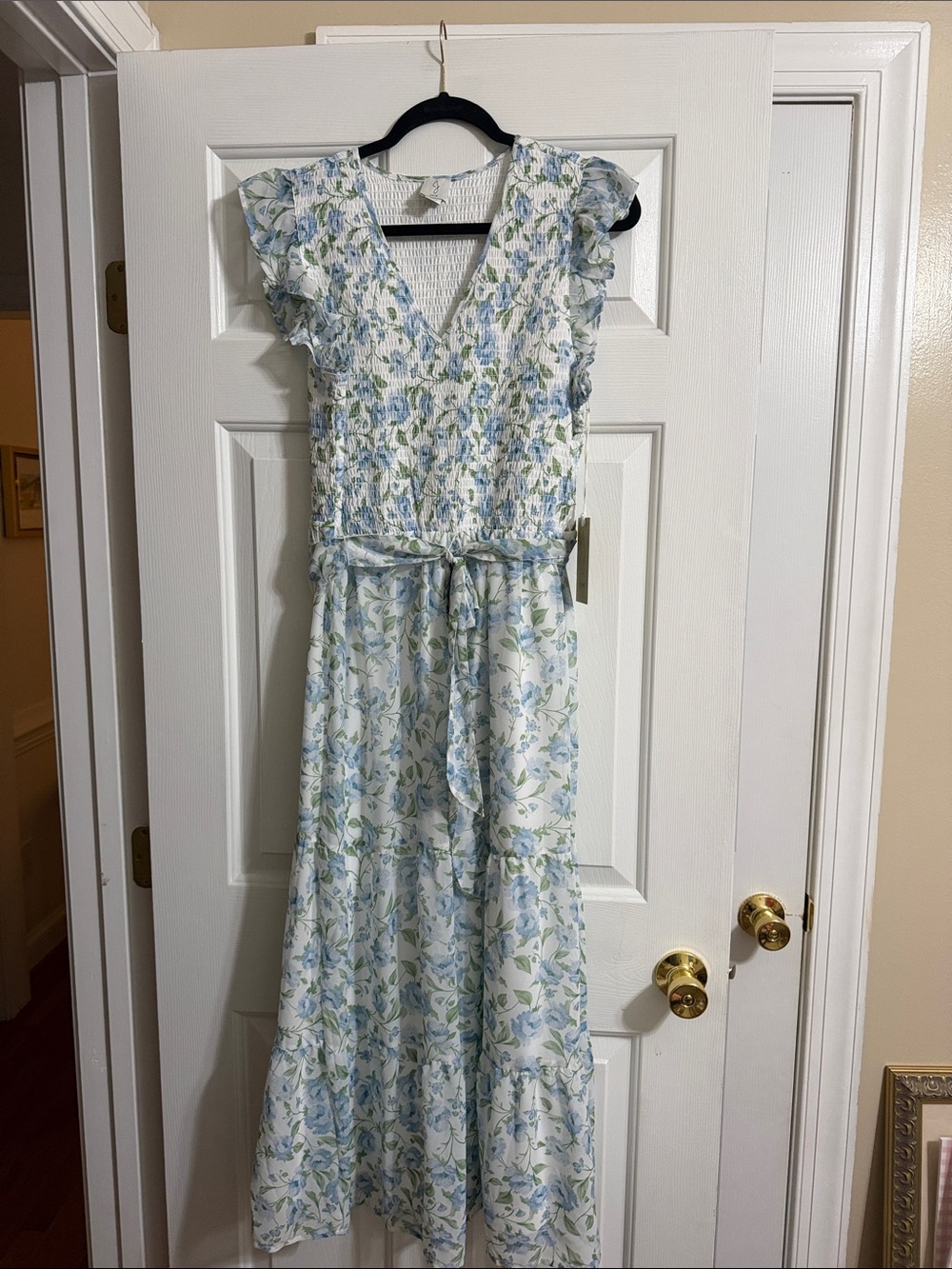 NWT Joie Blue White Green Floral Ruffle Tiered Belted Midi Dress Size Large